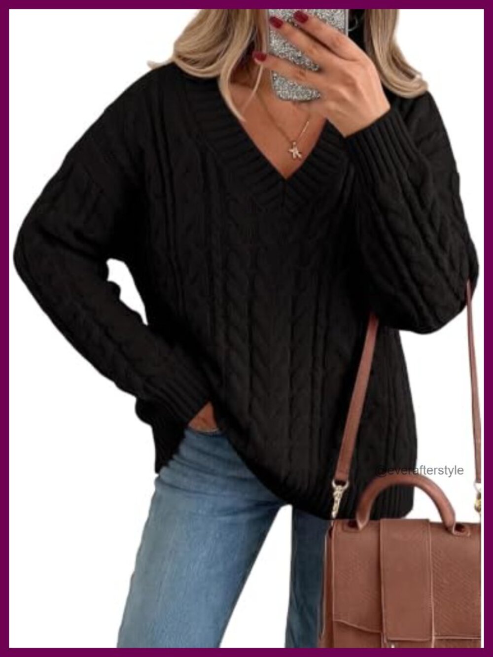 Women's Cable Knit V-Neck Sweater Off Shoulder Oversized Long Sleeve Pullover